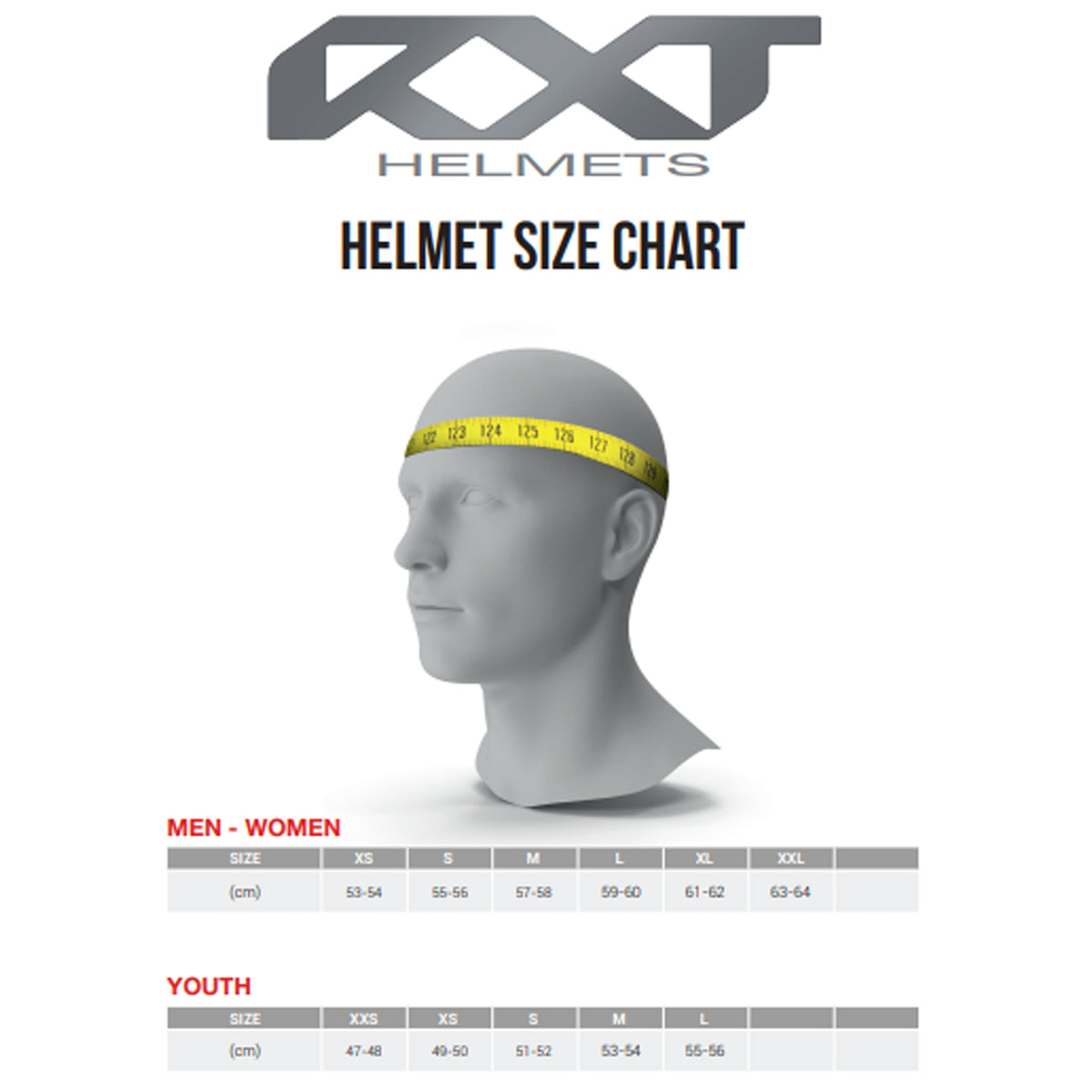 RXT 825 Street 2 Motorcycle Helmet Matt Black Size chart