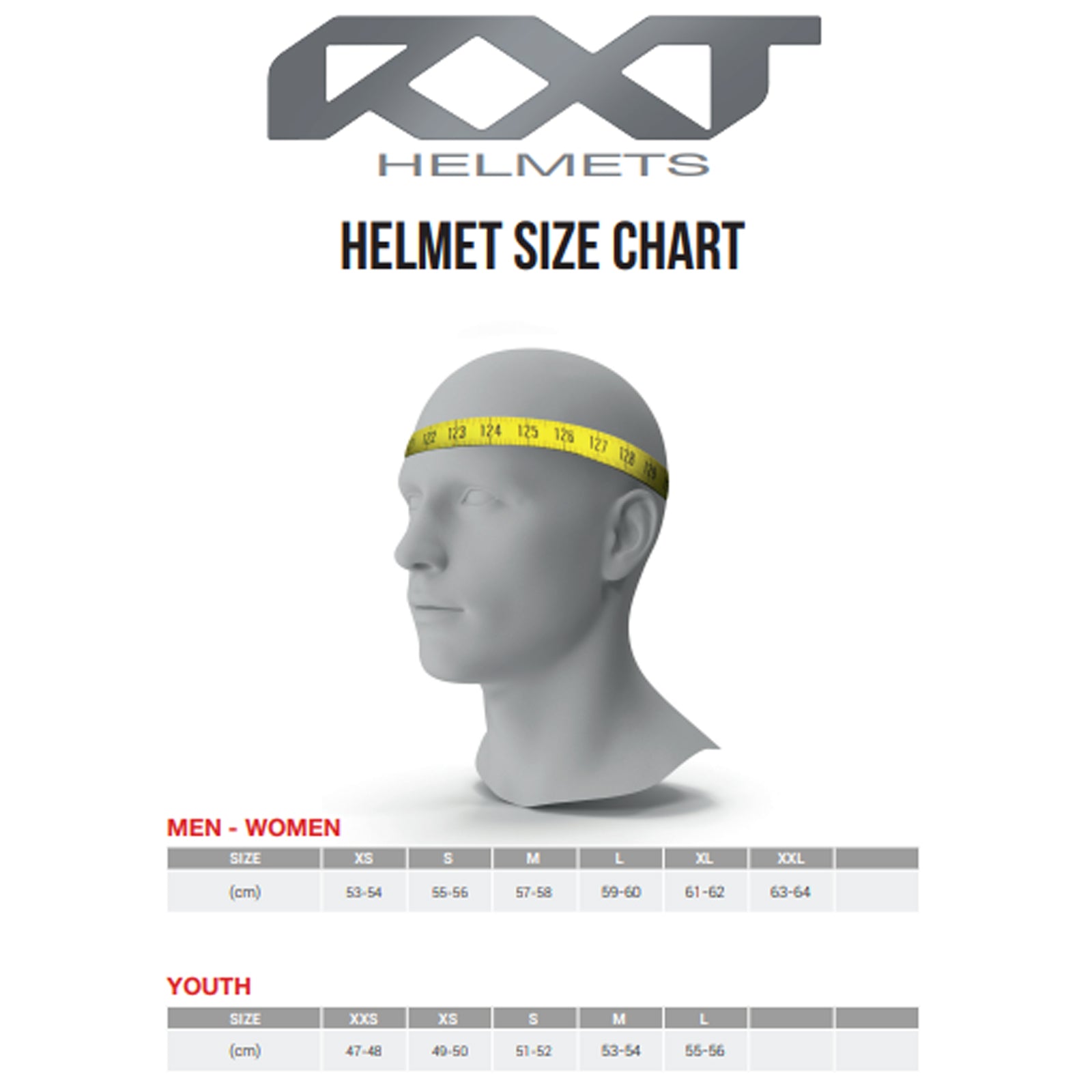 RXT 918 Flip Up Motorcycle Helmet Fusion Matt Black Grey Fluro Size chart