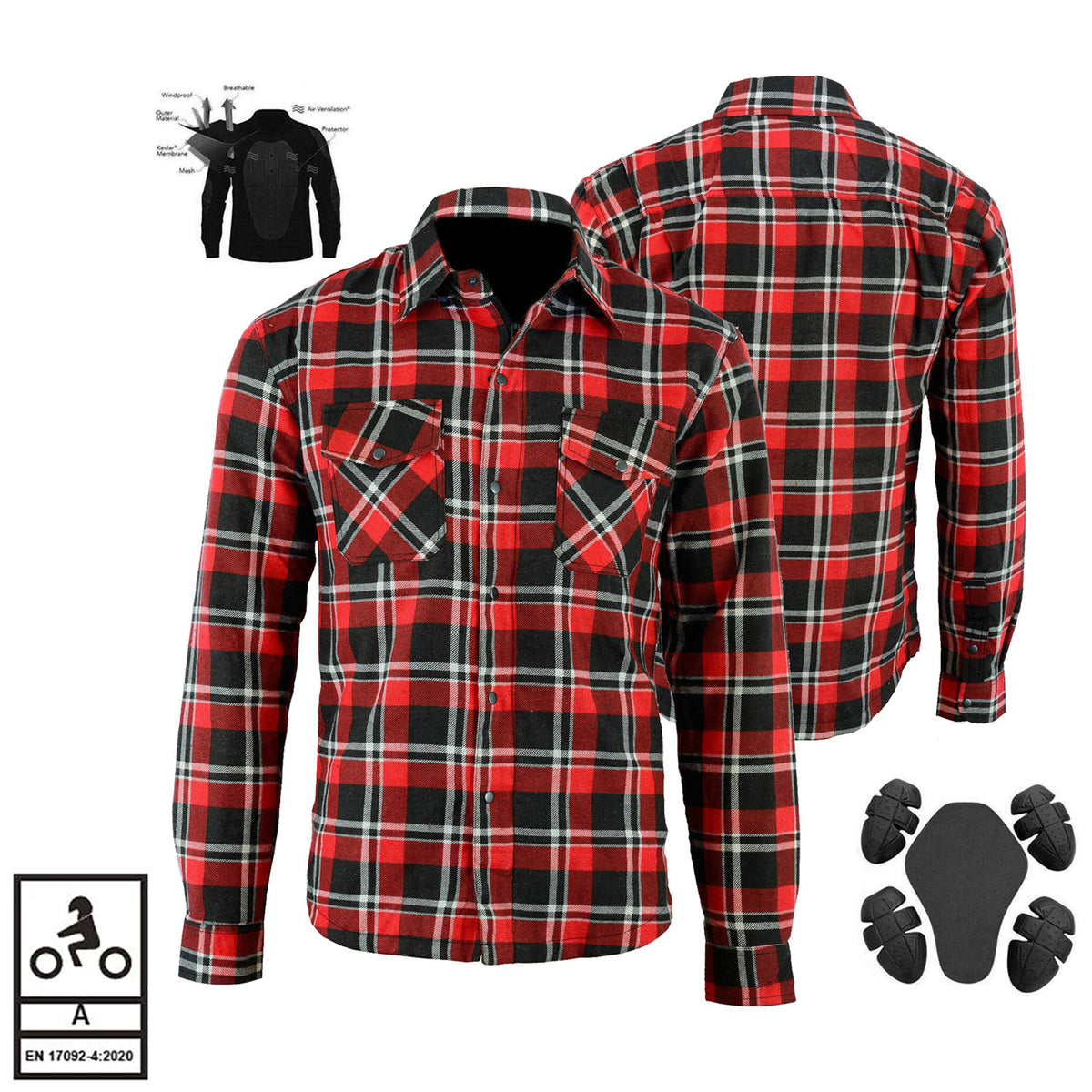 Bikers Gear Australia Exo Rider Lined with Kevlar Protective Motorcycle Shirts Red Black White