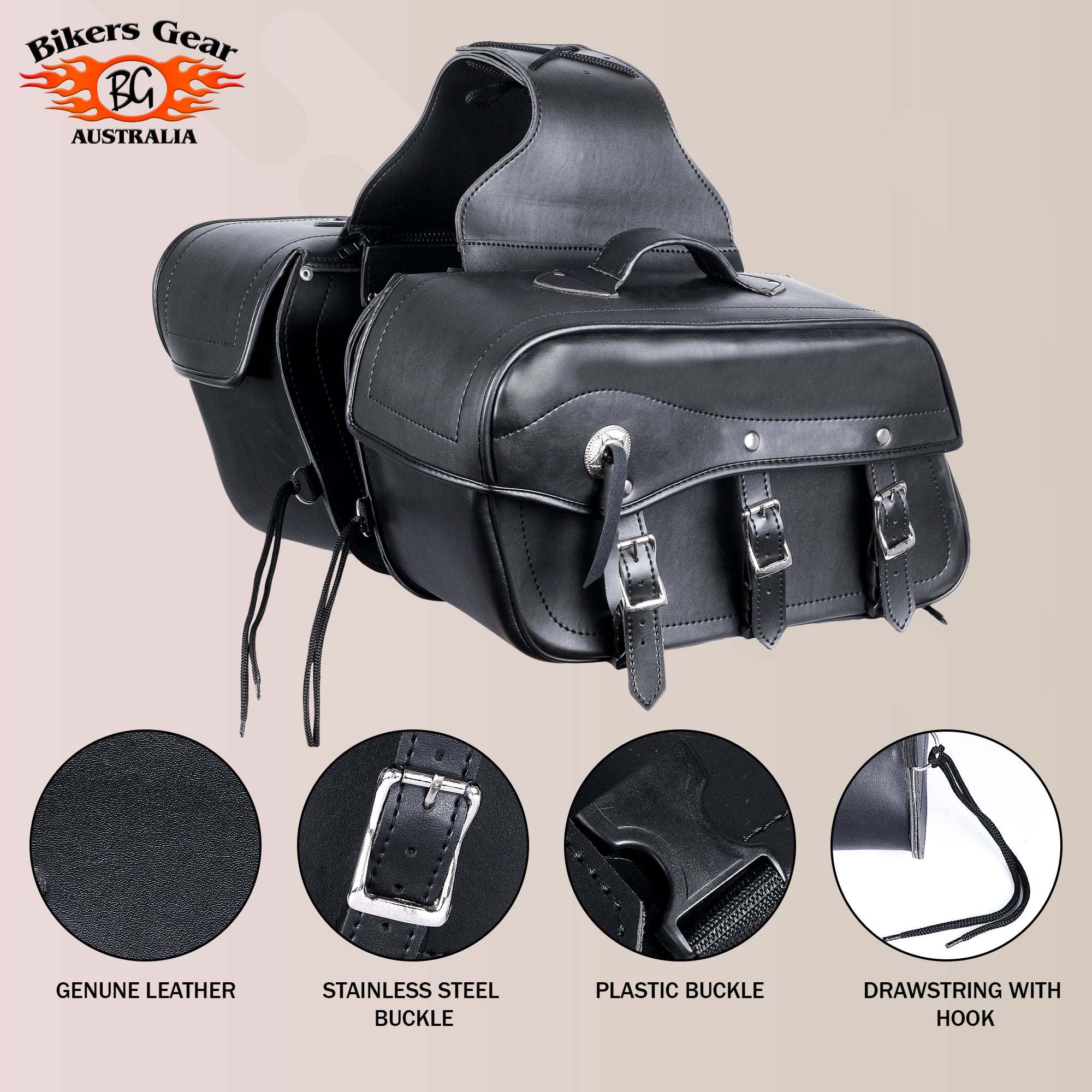 Bikers Gear Australia Fender 3 Buckle Leather Motorcycle Saddlebags Pair PLAIN