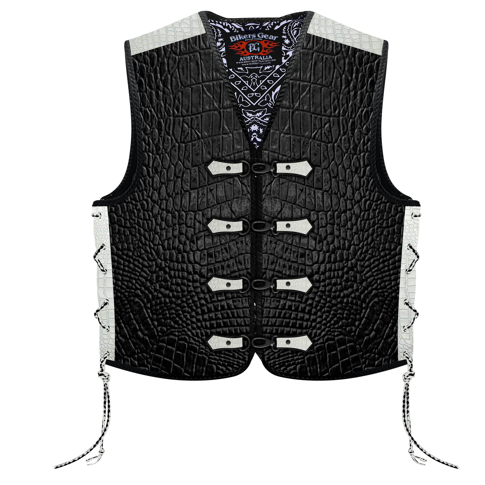 Biker Gear Australia Metal Clip Crocodile Pattern HD Leather Motorcycle Vest