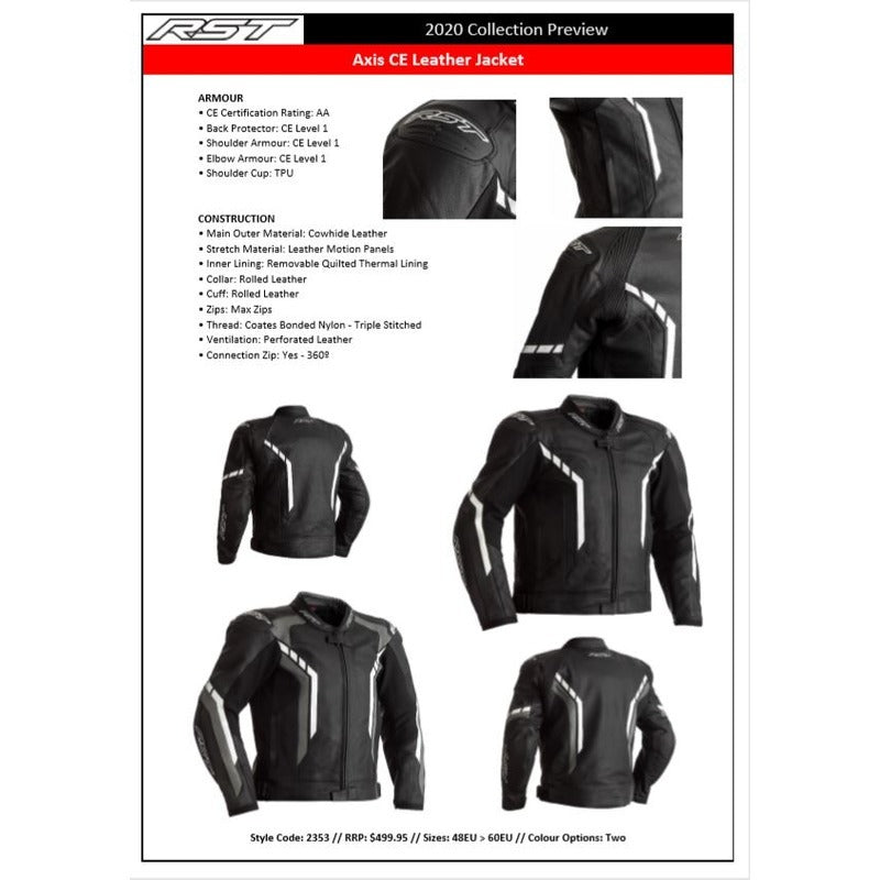 RST Motorcycle Leather Jacket Axis CE Approved Black/White