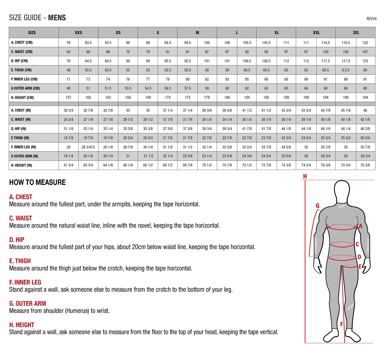 Alpinestars Bionic Action Jacket Body Armour size chart