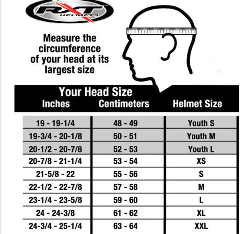 RXT Motorcycle Helmet Warrior-2 Street Fighter size chart