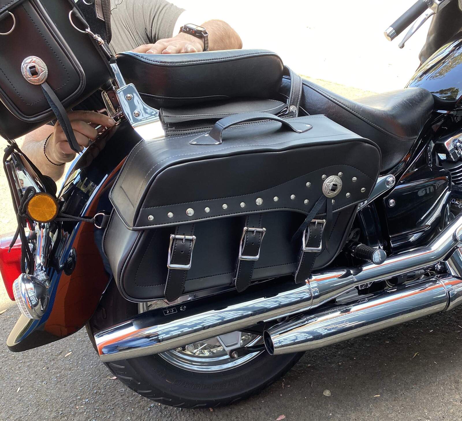 Bikers Gear Australia Fender 3 Buckle Leather Motorcycle Saddlebags Pair PLAIN